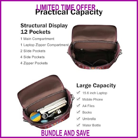 Leather Laptop Backpack for Women, 15.6 Inch, 12 Pockets, Travel & Work - Picture 5 of 7